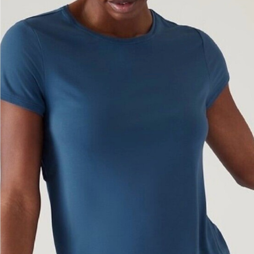 Athleta Air Out Cinch Tee Shirt Open Back. Jay Blue. Size S. Like New